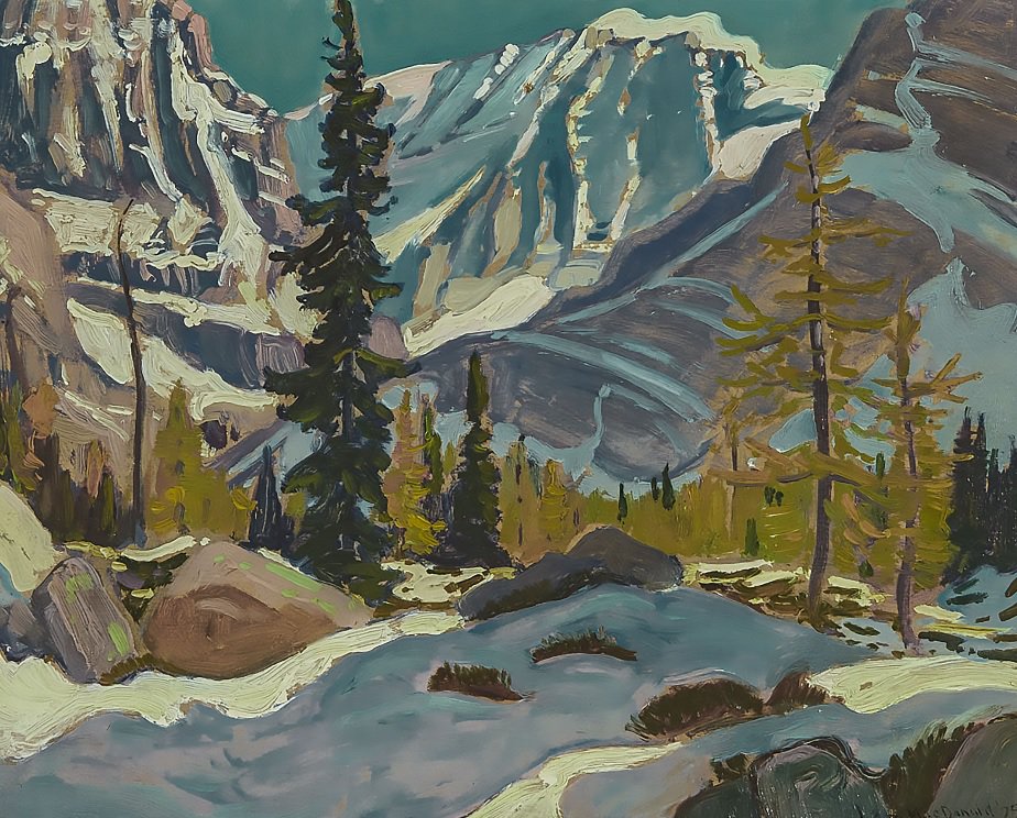 J.E.H. MacDonald, “Snowy Morning, Rocky Mountains near Lake O'Hara,” 1925, oil on paperboard, 8.5" x 10.5" (sold at Waddington’s for $120,750)