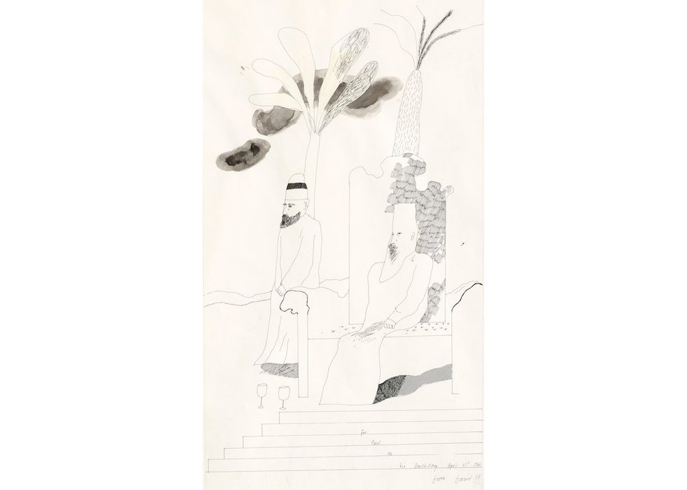 David Hockney, “Nehemiah Checking the Walls of Jerusalem,” 1966, ink on paper, 20" x 12.5" (sold at Cowley Abbott for $102,000)