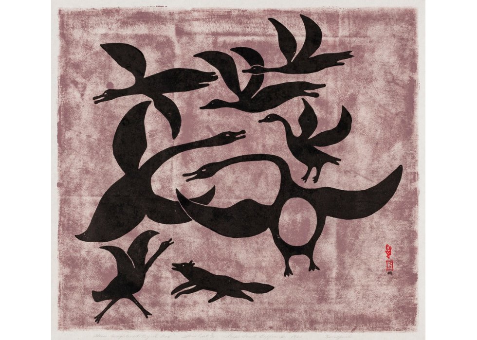 Kenojuak Ashevak, “Geese Frightened by Fox,” 1960, stonecut print, 19" x 21" (sold at First Arts for $14,400)