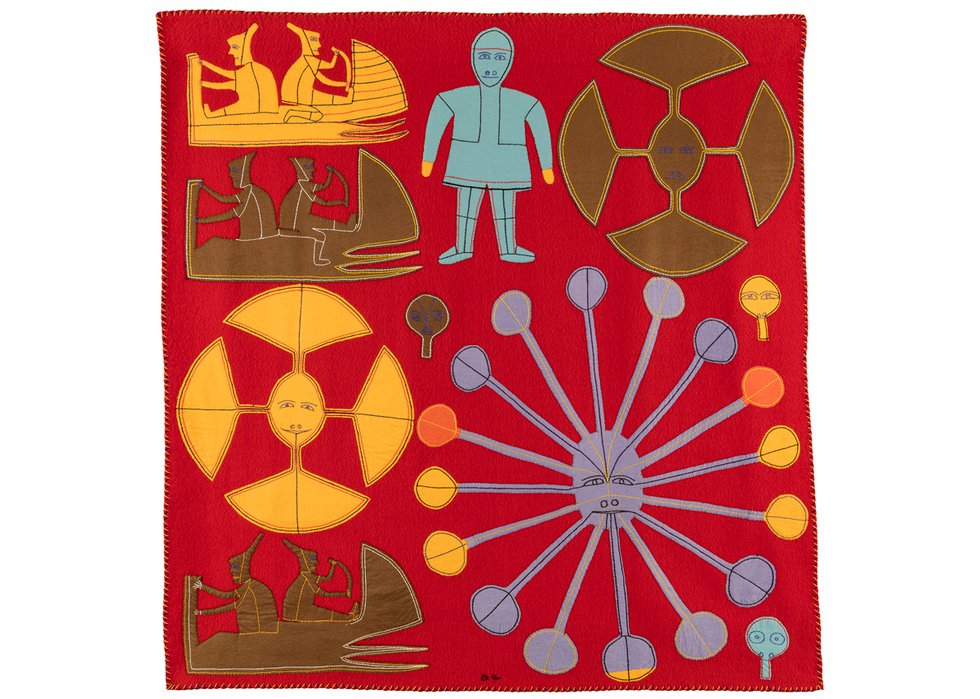 Jessie Oonark, “Untitled (composition with Skidoos and ulus),” circa 1971-1972, wool duffle, felt, cotton thread and embroidery thread, 53" x 51" (sold at First Arts for $168,000)