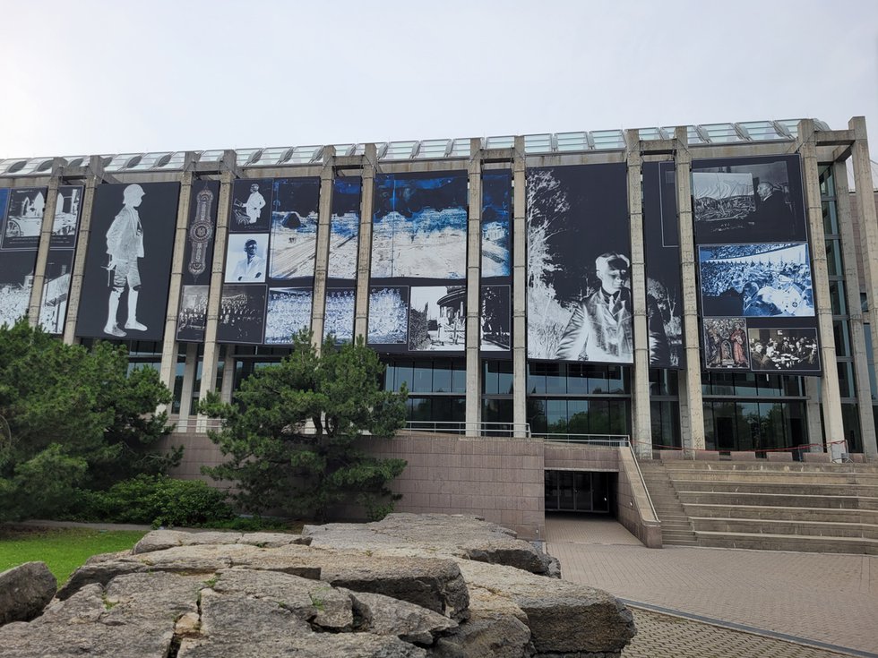 The south facade of the National Gallery of Canada in Ottawa showing a segment of Deanna Bowen’s installation, “The Black Canadians (after Cooke).” (photo by Amy Fung)