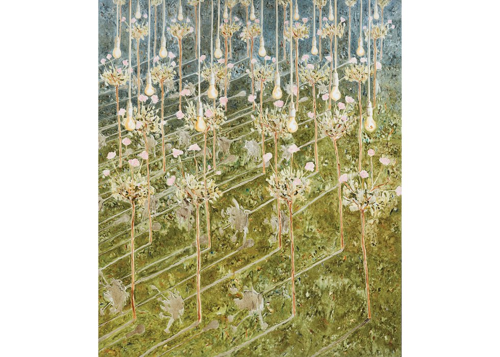 Gathie Falk’s oil painting “All over Rose Trees and Light Bulbs,” 1984