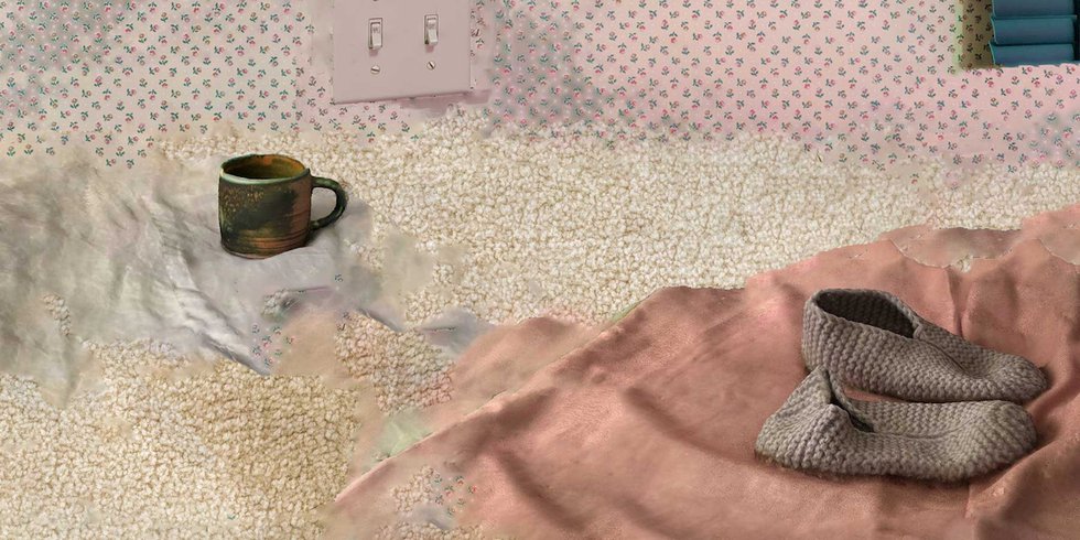 Alyssa Bornn, “Untitled (knit slippers, beige carpet),” 2020