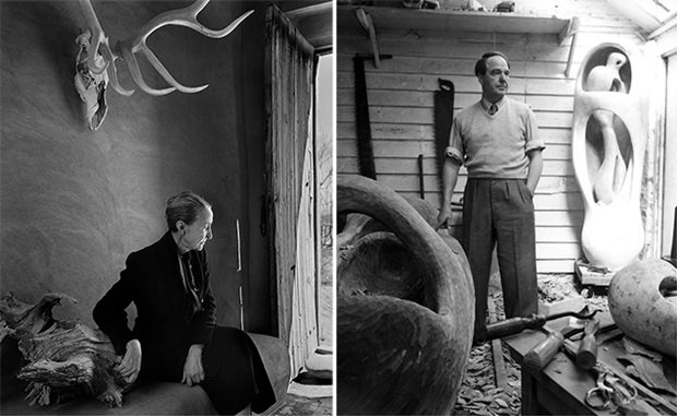 Left to right: Georgia O'Keeffe, 1956 (photo by Yousef Karsh, courtesy of MMFA, gift of Estrellita Karsh in memory of Yousuf Karsh) | Henry Moore, about 1953 (photo by Roger Wood, reproduced with permission of The Henry Moore Foundation)