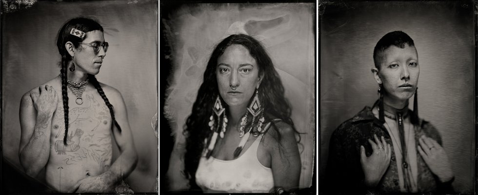 These are three black and white tintypes taken in 2022 by Kali Spitzer for her exhibition Bodies Of