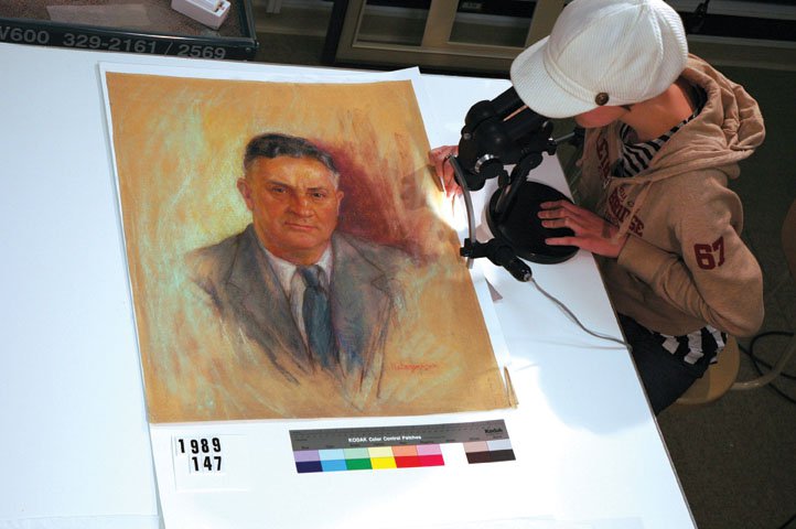 Removing adhesive from the edges of a pastel drawing, Frank McMahon, "Oilman From Vancouver, 1970"