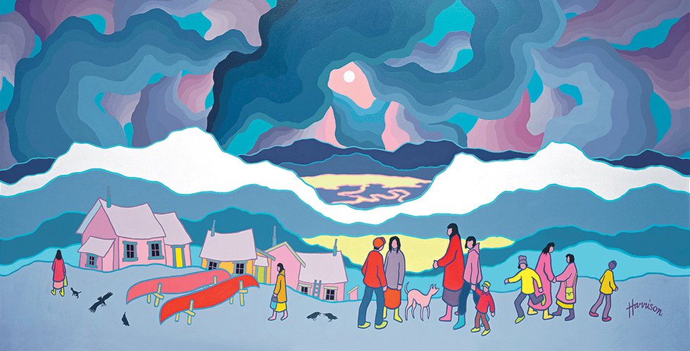 Ted Harrison, “People of the Lake,” 1991, acrylic on canvas, 46.75" x 94.75" (sold at Levis for $128,700)