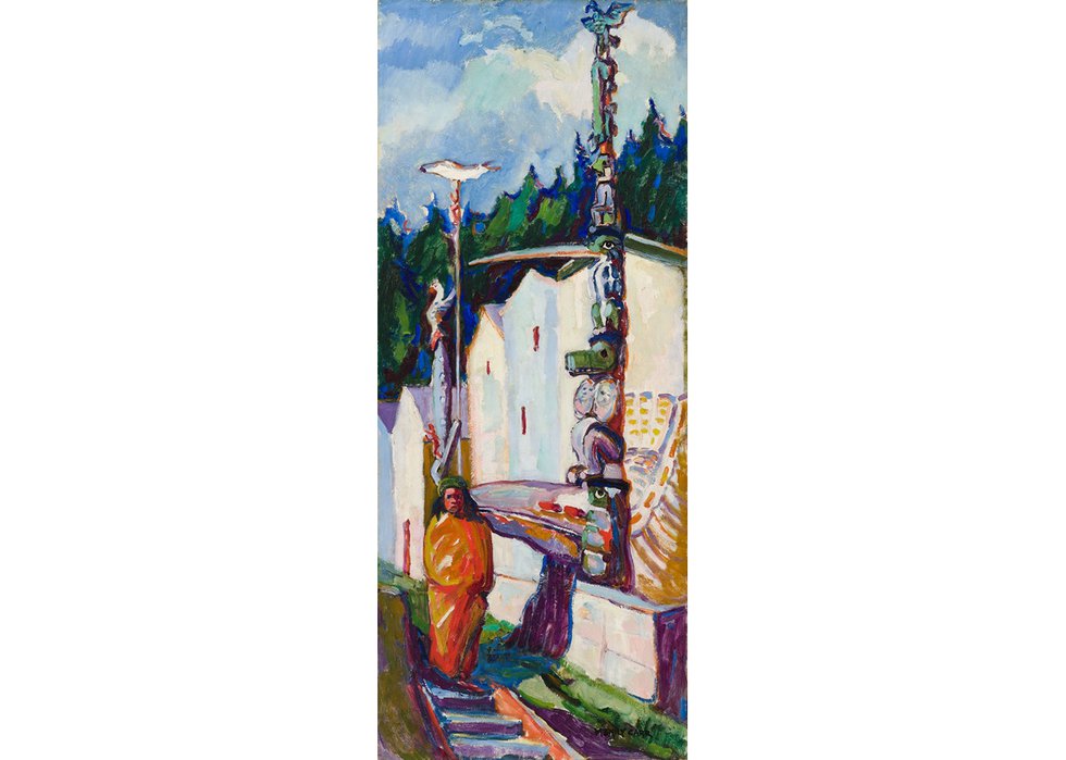 Emily Carr, “Alert Bay (Indian in Yellow Blanket),” 1912, oil on canvas, 34.5" x 14.5" (sold at Heffel for $1,681,250)