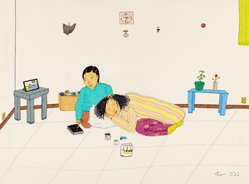 Annie Pootoogook, “Removing Grey Hair,” 2006, coloured pencil and ink on paper, 22.5" x 30" (sold at First Arts for $9,600)