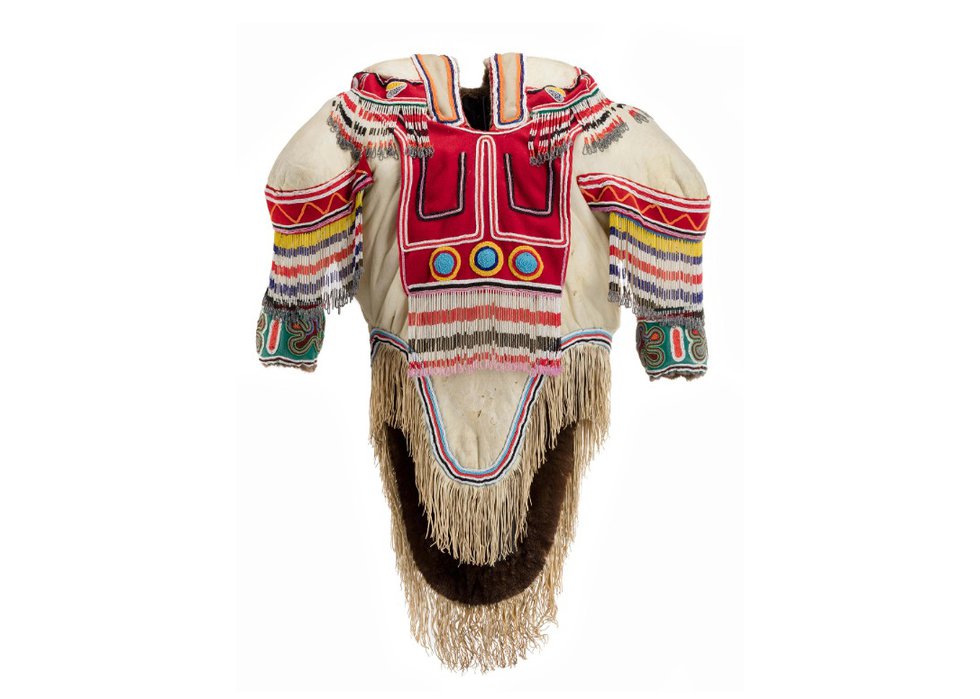 Unidentified Inuit Artist, “Beaded Caribou Skin Amautiq,” circa 1980s, caribou skin, felt duffle, cotton fabric, glass beads, wool fabric and cotton thread, 52" x 31" x 7"  (sold at First Arts for $48,000)