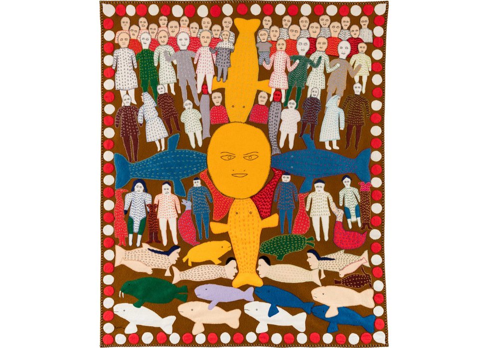 Marion Tuu'luq, “Prayer Meeting,” 1989, stroud, felt, embroidery floss and cotton thread, 56.25" x  46.75" (sold at First Arts for $78,000)