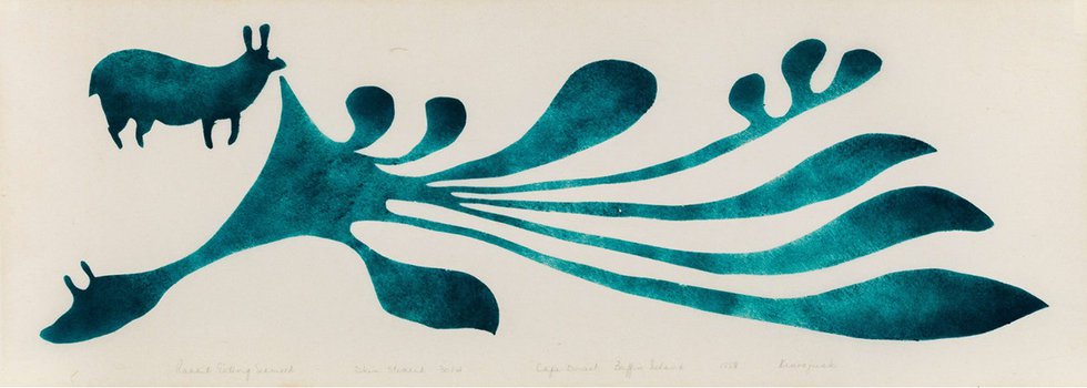 Kenojuak Ashevak, “Rabbit Eating Seaweed,” 1958, sealskin stencil, irregular 4/30, 8.75" x 24" (sold at First Arts for $72,000)