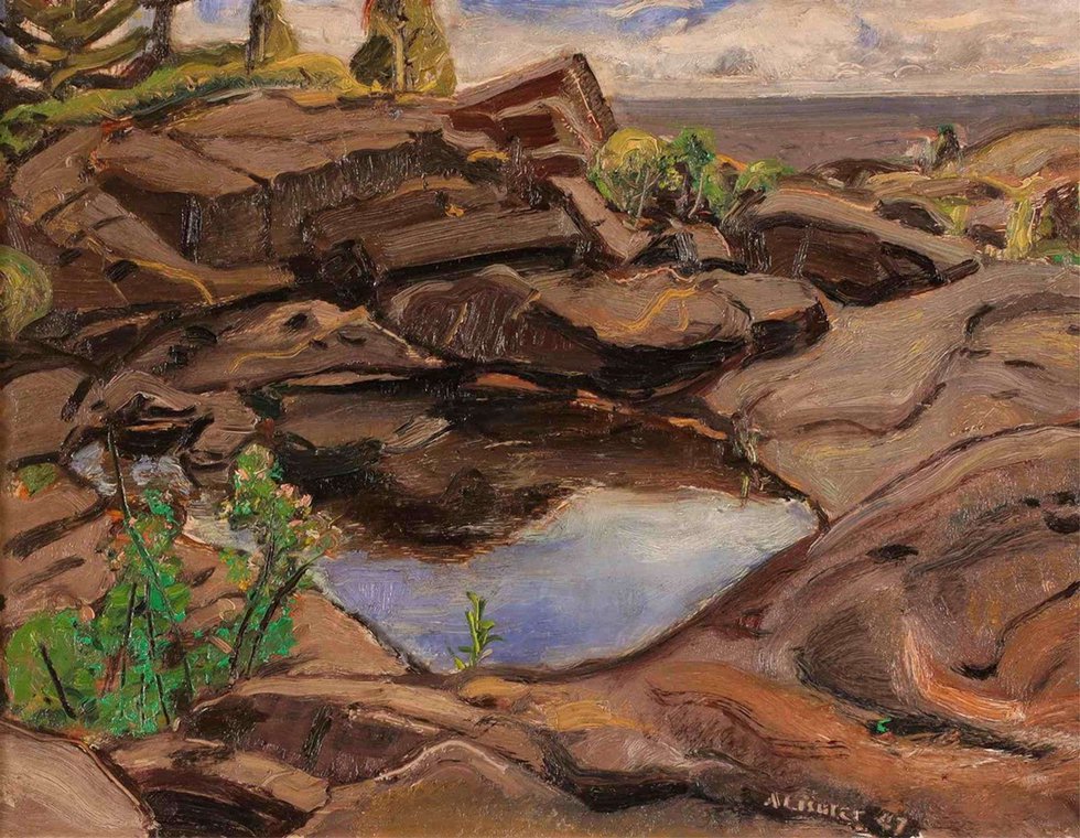 Arthur Lismer, “The Rock Pool, Georgian Bay,” 1947, oil on aluminum panel, 12" x 16" (sold at Hodgins for $27,000)