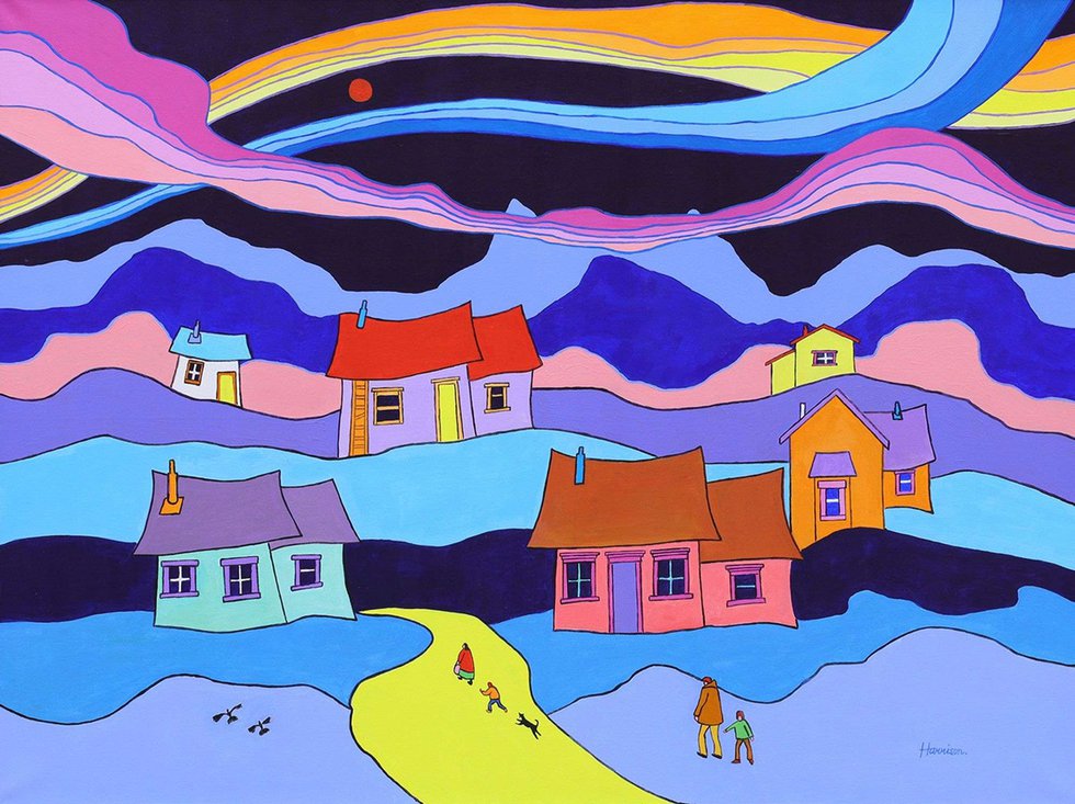 Ted Harrison, “Evening in Paradise,” 1981, acrylic on canvas, 36 x 48 (sold at Hodgins for $45,000)