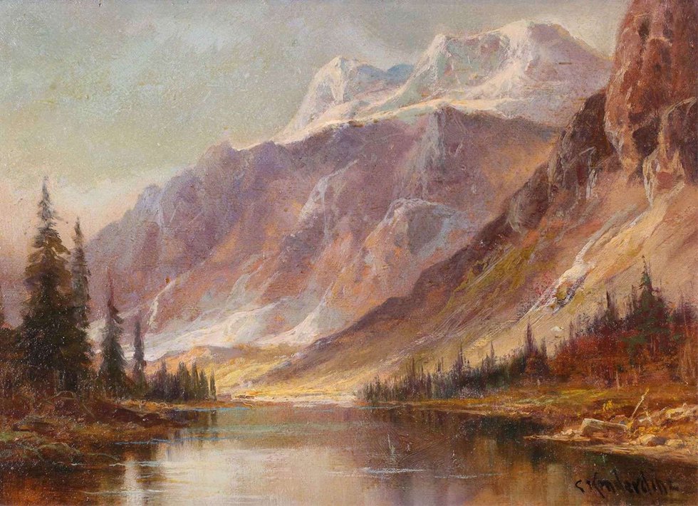 Augustus Frederick Lafosse (Gus) Kenderdine, The Three Sisters, Rocky Mt., Approaching Banff, oil on board, 10" x 14" (sold at Hodgins for $4,800)