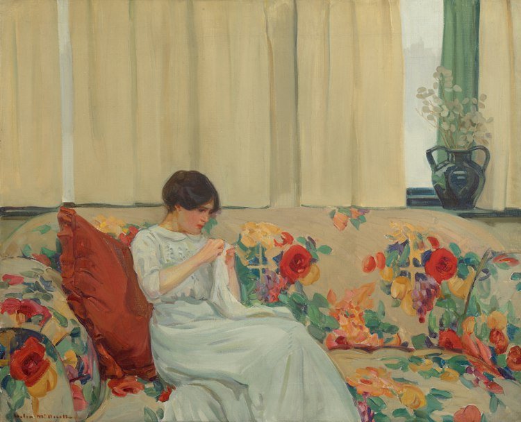 Helen Galloway McNicoll, “The Chintz Sofa,” circa 1912, oil on canvas, 32" x 39” (sold at Cowley Abbott for $888,000)