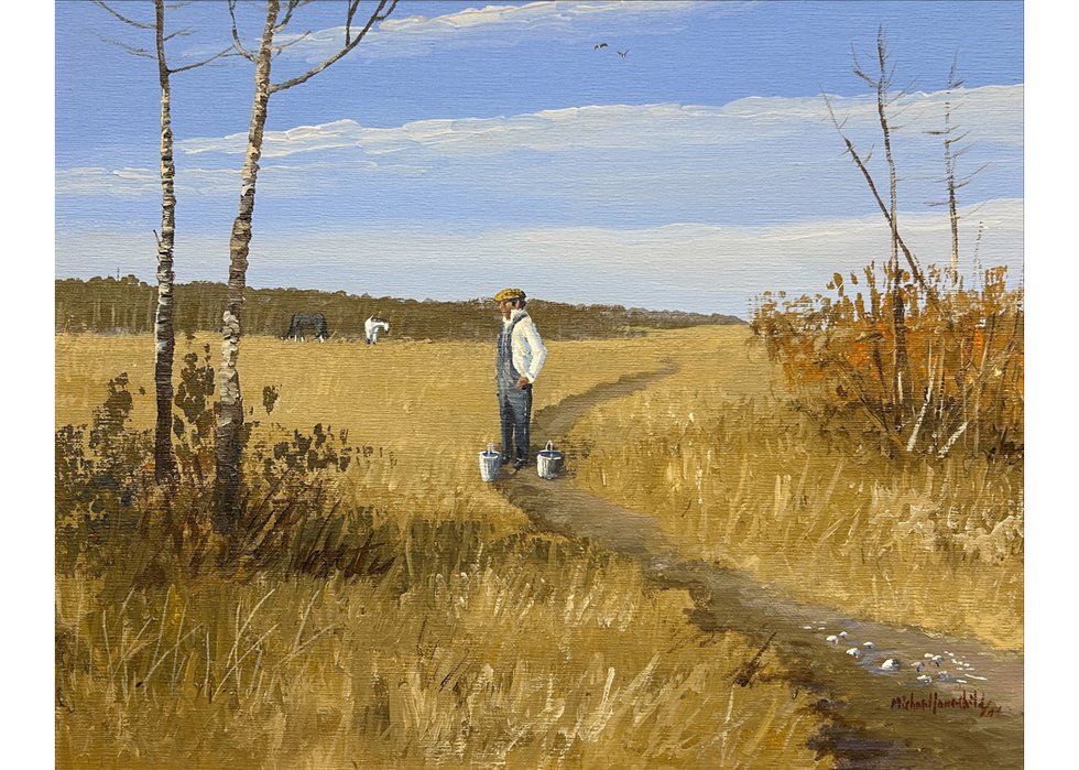 Michael Lonechild, “Coming from the Pump,” no date,  acrylic on canvas, 16" x 20" (courtesy of Assiniboia Gallery)