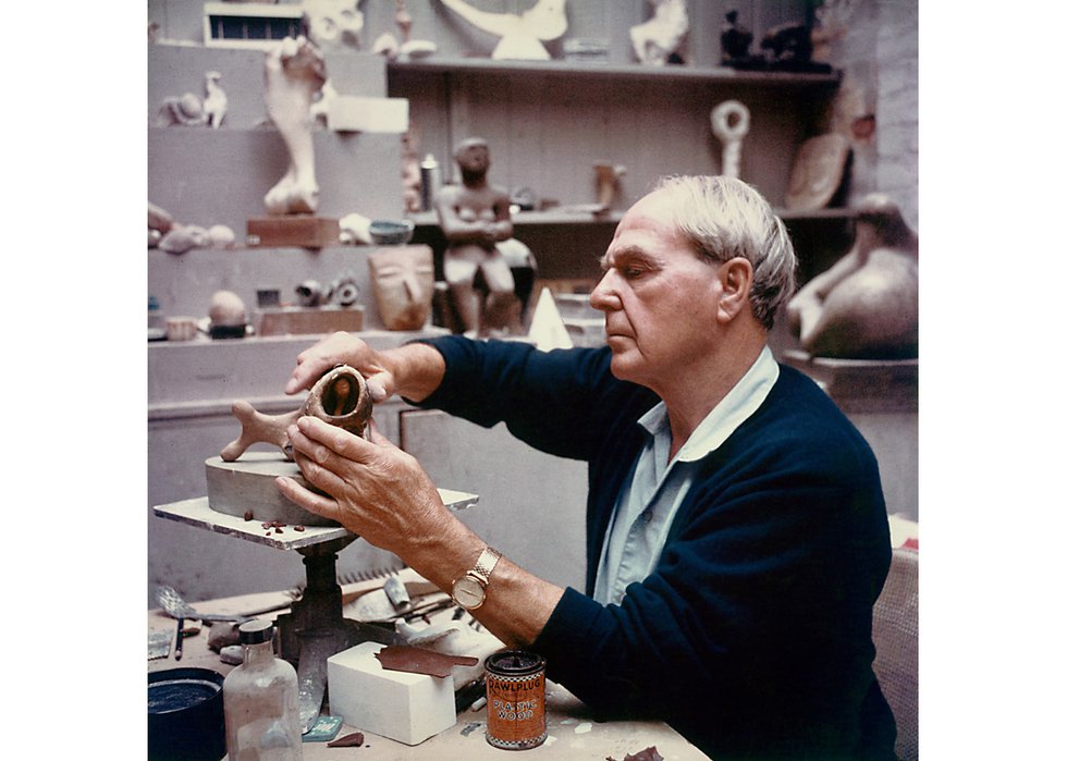 Henry Moore at work in his maquette studio, about 1960, gelatin silver print (photo courtesy of The Henry Moore Foundation)