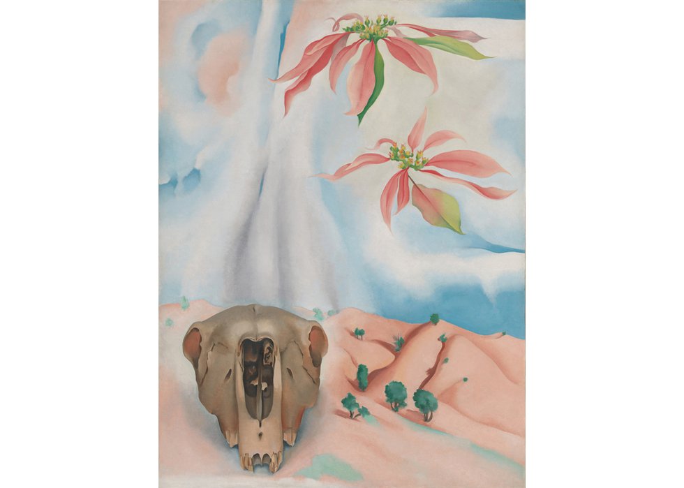 Georgia O’Keeffe, “Mule’s Skull with Pink Poinsettias,” 1936 (© Georgia O’Keeffe Museum, photo courtesy of the Montreal Museum of Fine Arts)