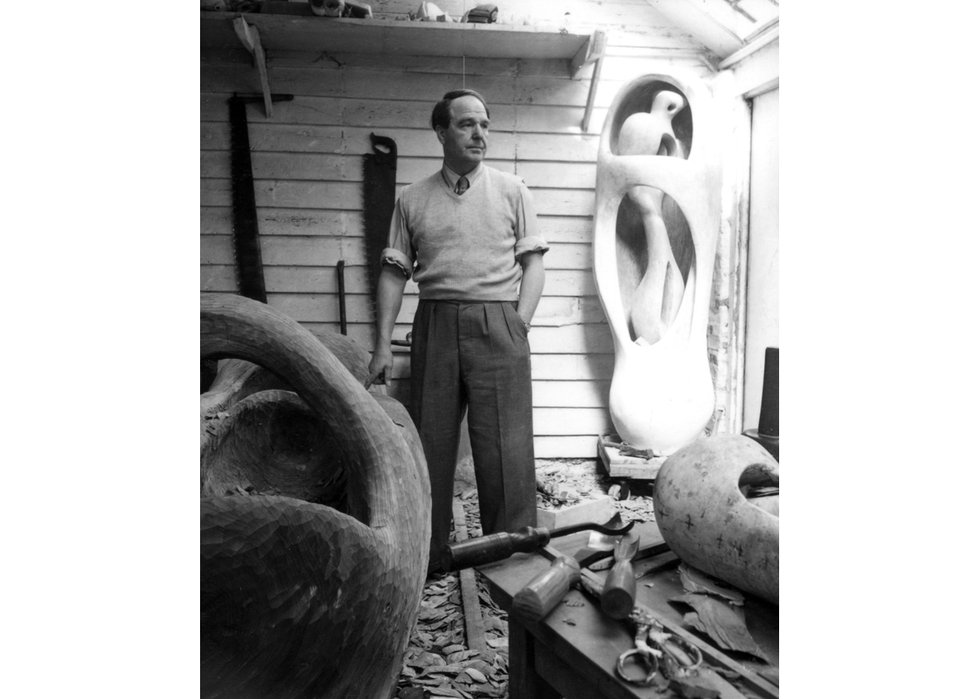 Roger Wood, “Henry Moore in the top studio, Perry Green, with Upright Internal/External Form,” about 1953 (photo courtesy of The Henry Moore Foundation)