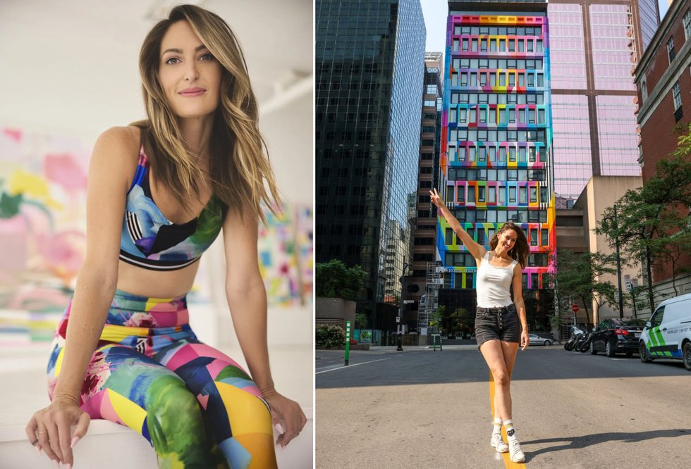 Artist Michelle Hoogveld, left, in Hyba Activewear clothing that features her art; on right, Hoogveld in front of her mural at Le Germain Hotel Montreal