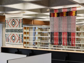 Commissioned weavings by Atheana Picha (left); Chepximiya Siyam Janice George and Willard “Buddy” Joseph (right) in the Indigenous Curriculum Resource Centre