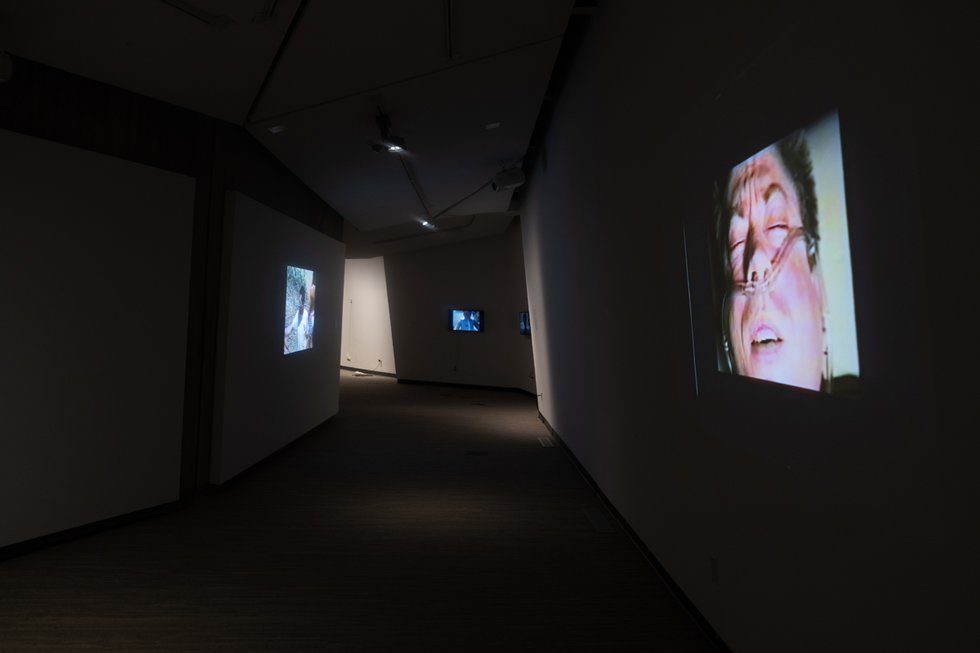 Detail of “Respiration and Resistance” installation, including Bob Flanagan, “Death Monologue,” video still (photo by Victoria Cimolini, courtesy of Contemporary Calgary)