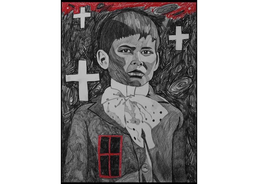 George Littlechild, “Unidentified Child From The Ermineskin Indian Residential School #3,” 2019, mixed media on paper, 30" x 22" (courtesy of the artist; this work was supported by the British Columbia Arts Council)