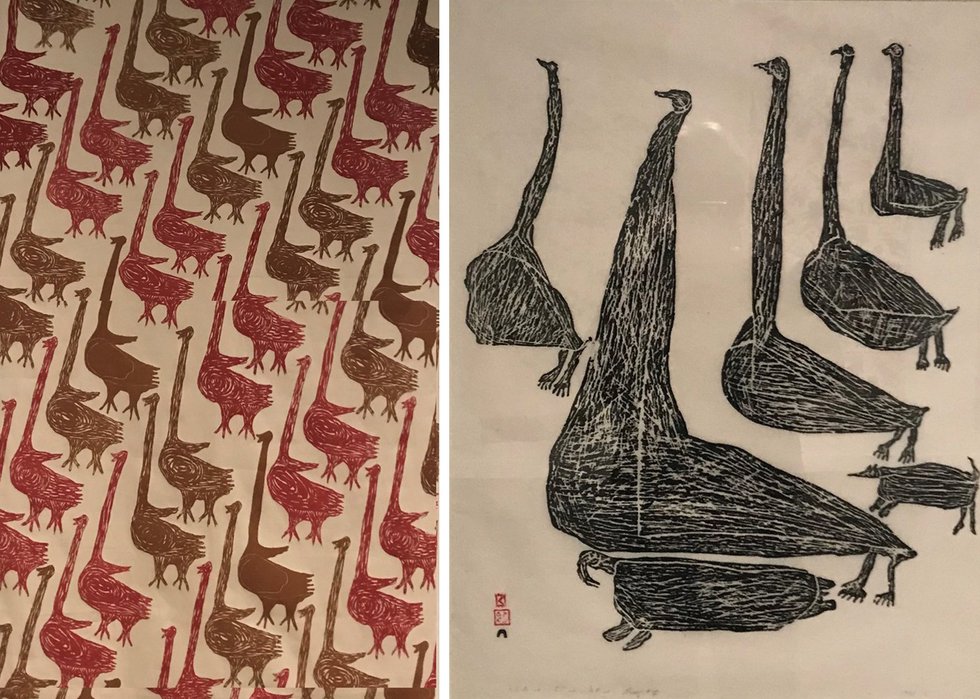 Detail of Geese printed on Kinngait textile, left, is on view at Glenbow at the Edison next to Parr, “Geese, Dog and Walrus” (photos by Richard White)