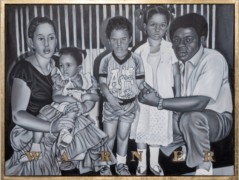 Miguel Matthews, “Family Portrait,” 2023, oil on canvas (installation photo by Charles Cousins, courtesy of the Art Gallery of Alberta)