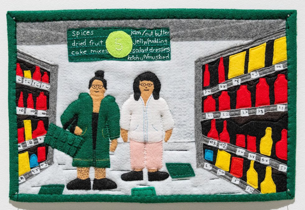 Kablusiak, “Going to the Grocery Store,” 2023, felt and embroidery floss (courtesy of the artist and Norberg Hall)