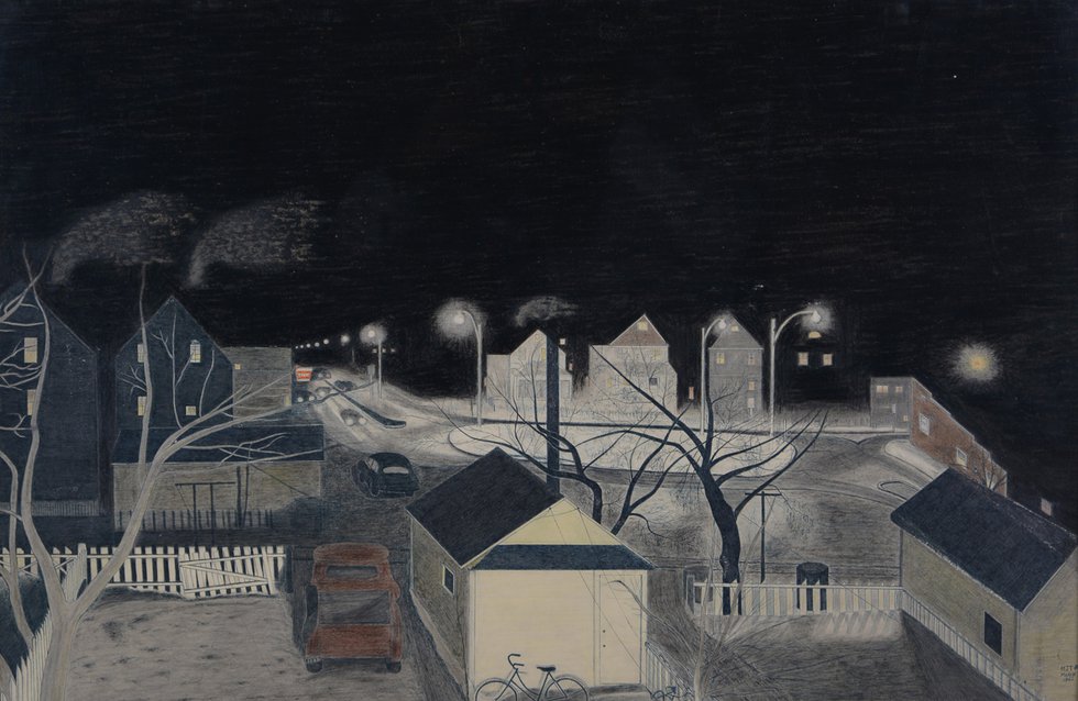 Harold J. Treherne, “Streetlight,” 1966, ballpoint pen and pencil crayon on paper, 22" x 36" (courtesy of Moose Jaw Museum and Art Gallery)