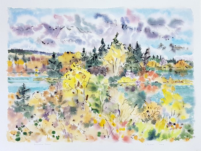 Lorna Russell, “Snowshoe Island,” 2003, watercolour on paper, 20" x 27 1/4" (photo courtesy of Art Placement)