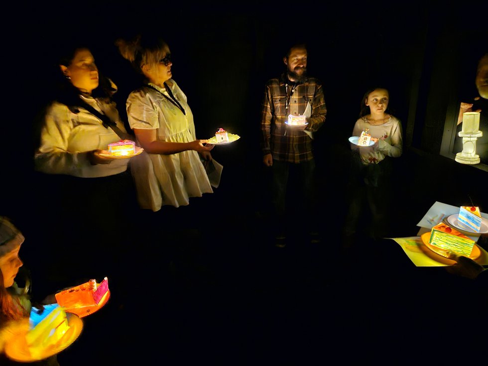 Cake Slice Lantern Workshop participants, led by Rhonda Weppler and Trevor Mahovsky, display their creations in the exhibition “Edelweiss” at Esker Foundation, January 2024 (photo courtesy of Esker Foundation)