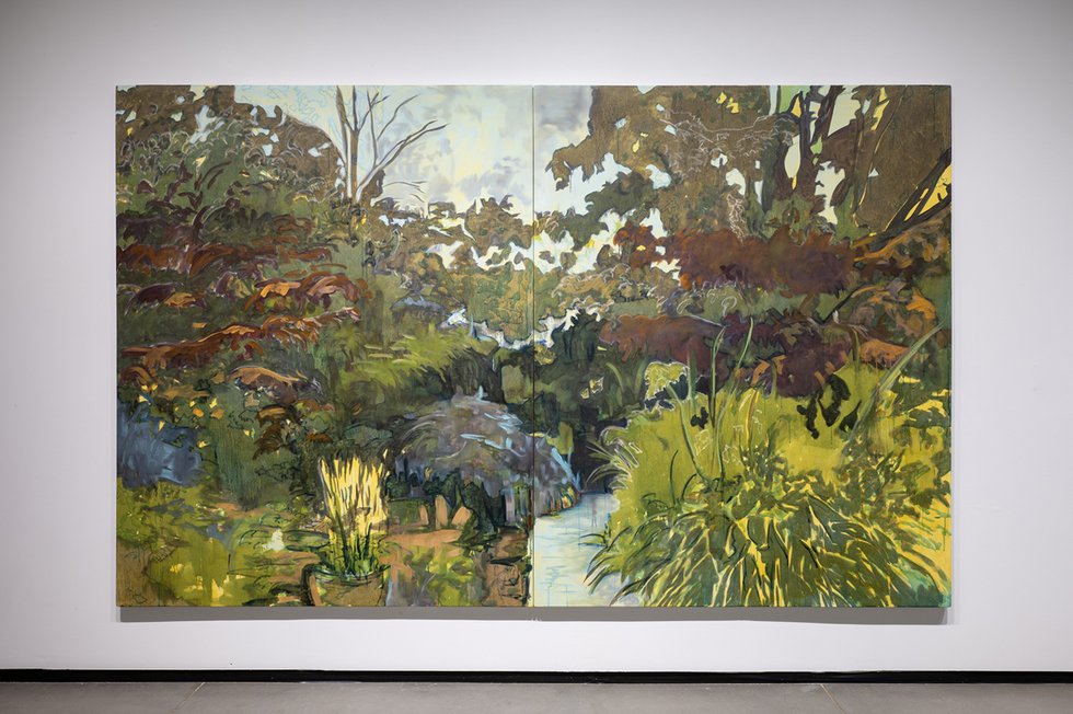 Installation view, Emmanuel Osahor, “Sylvia's garden,” 2021, oil and acrylic on canvas, 90" x 144" (photo by Charles Cousins, courtesy of Art Gallery of Alberta)