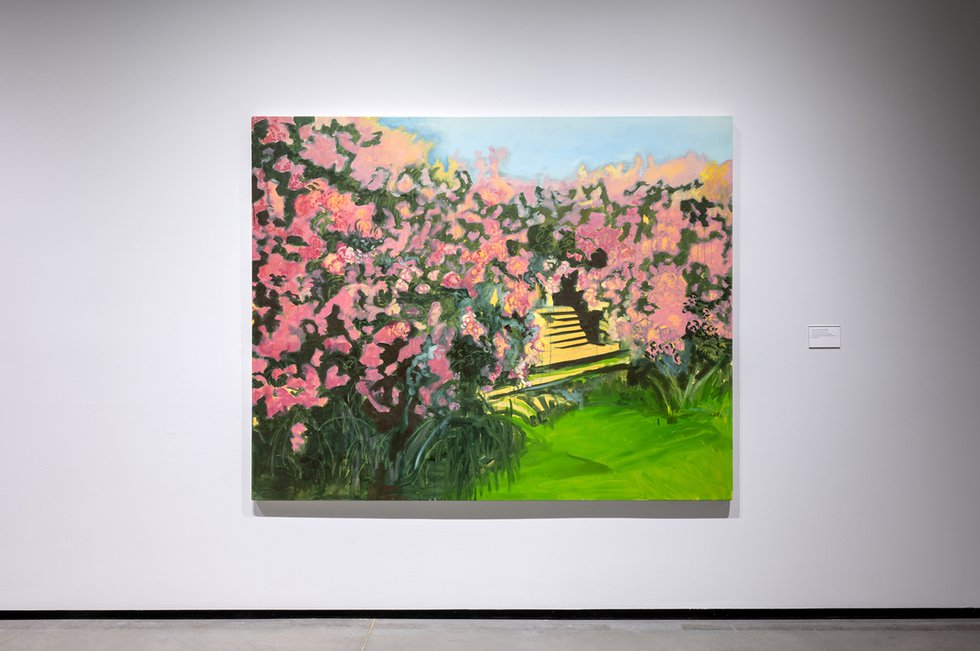 Installation view, Emmanuel Osahor, “Lilacs (for Farah),” 2021, oil and acrylic on canvas, 72" x 90" (photo by Charles Cousins, courtesy of Art Gallery of Alberta)