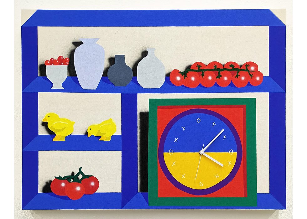 Nate McLeod, “Blue Shelf (Overnight Tomato Sauce),” acryla gouache, acrylic, and clock hardware on canvas over panel, 24" x 32" (courtesy of Herringer Kiss Gallery)