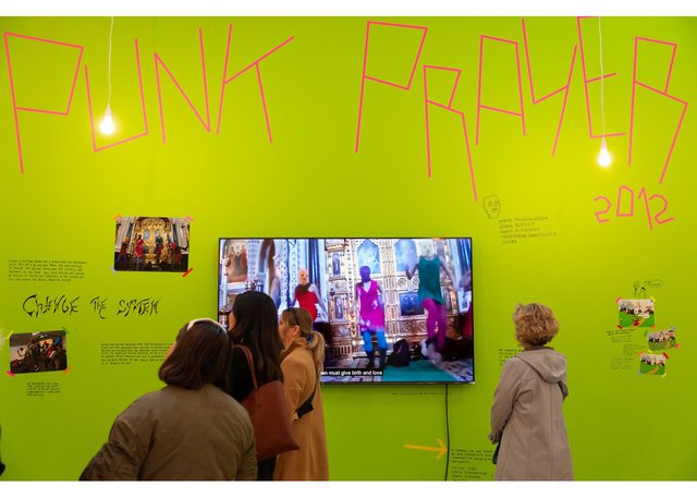 Installation view of “Velvet Terrorism: Pussy Riot's Russia,” 2024, at The Polygon Gallery (photo by Akeem Nermo)