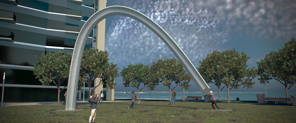 A rendering of “Unfinished Arch” by Rafael Lozano-Hemmer, looking south over Lake Ontario (courtesy of Waterfront Ontario)