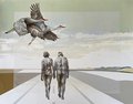 Annette Nieukerk, “the long road home 2,” 2021, Mixed Media - walnut ink and oil paint on translucent drafting film, silkscreen print, and birch panel, 18" x 24"