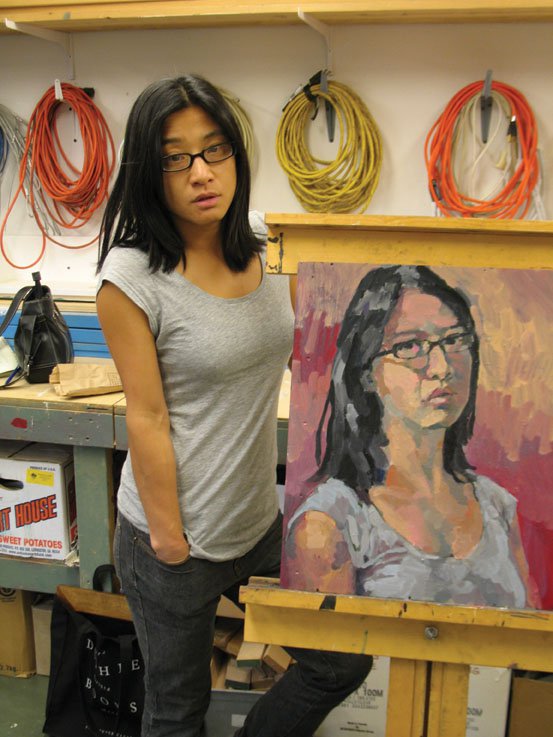 Germaine Koh poses with a version of her ongoing self-portrait in 2006 at the Kelowna Art Gallery.