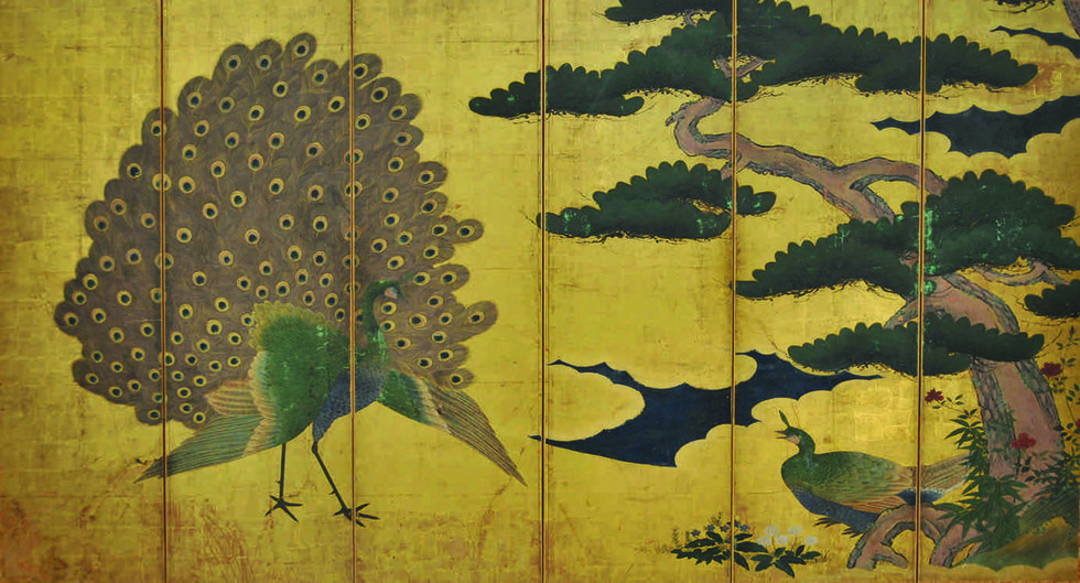 Sanraku Kano (1559-1635), "Peacocks and Pine Tree", six-fold screen, ink and colours on gold leaf, 78” x 146”
