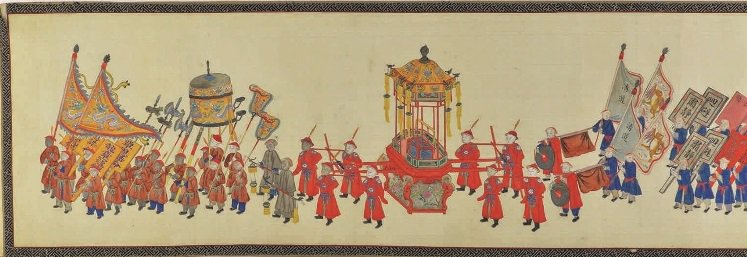 "Long Funerary Procession", Chinese, Qing dynasty, 19th century, handscroll, ink and colours on paper