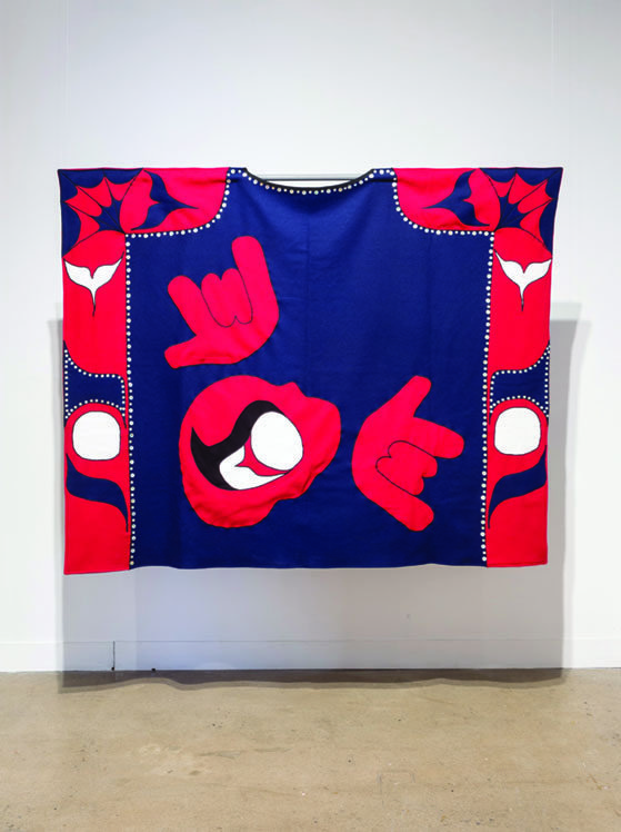 Sonny Assu, "When Raven Became Spider, Embrace," 2003, akoya shell buttons, melton wool, synthetic gabardine and white cotton jogging fleece, 80” x 98”