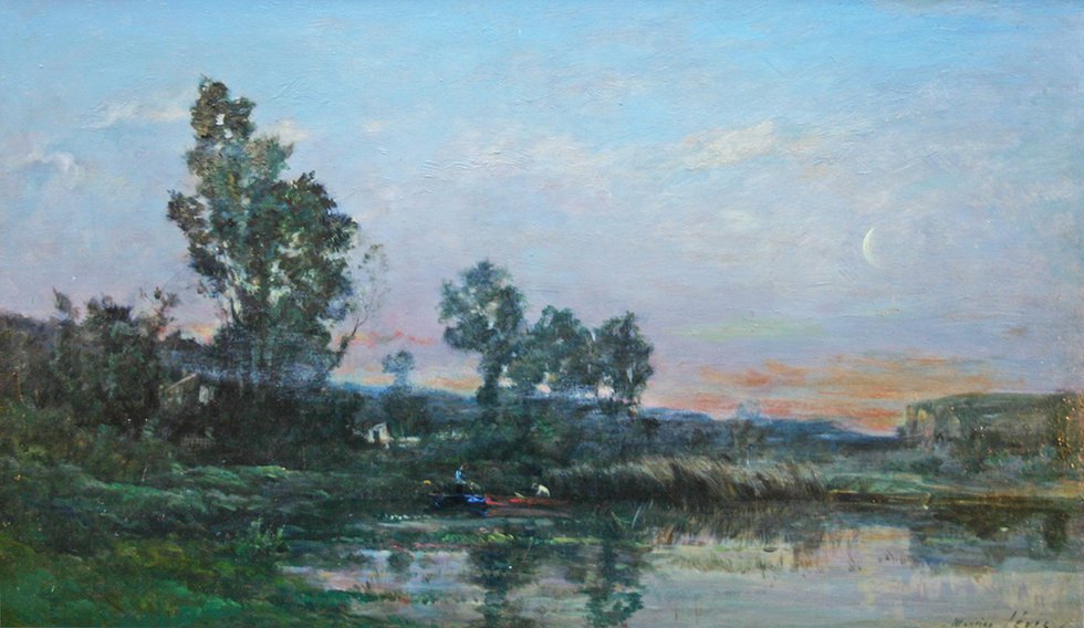 Maurice Levis,"Sunset and Moonrise",oil on panel, signed lower right, 11” h x 18” w