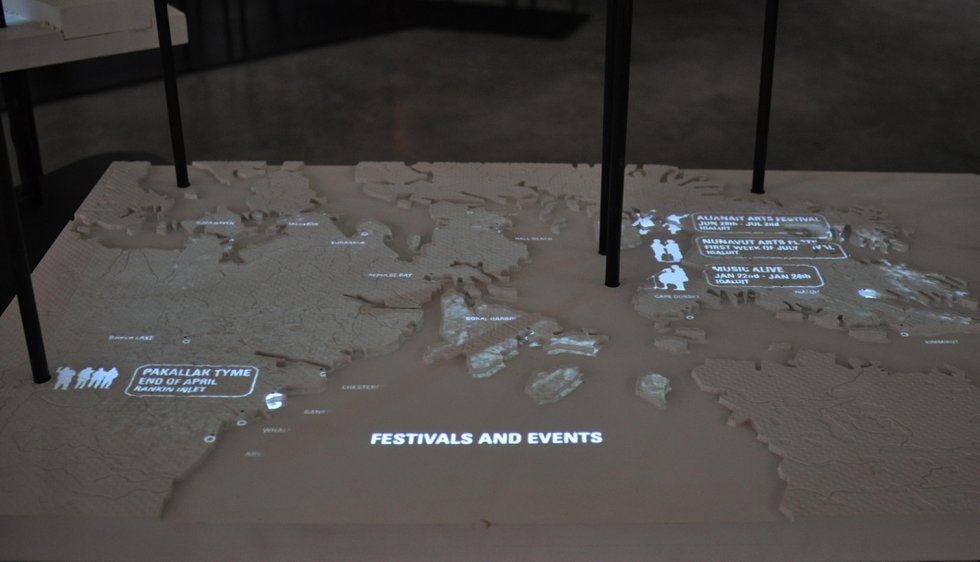 "Arctic Adaptations: Nunavut at 15," organized and curated by Lateral Office, tour presented and coordinated by the Winnipeg Art Gallery, 2014, installation detail of Nunavut art festival demographics (diorama with animated digital projection)