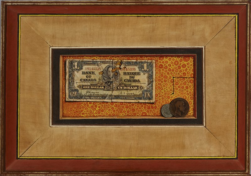 William Kurelek, "Trompe l"oeil with dollar bill," 1958