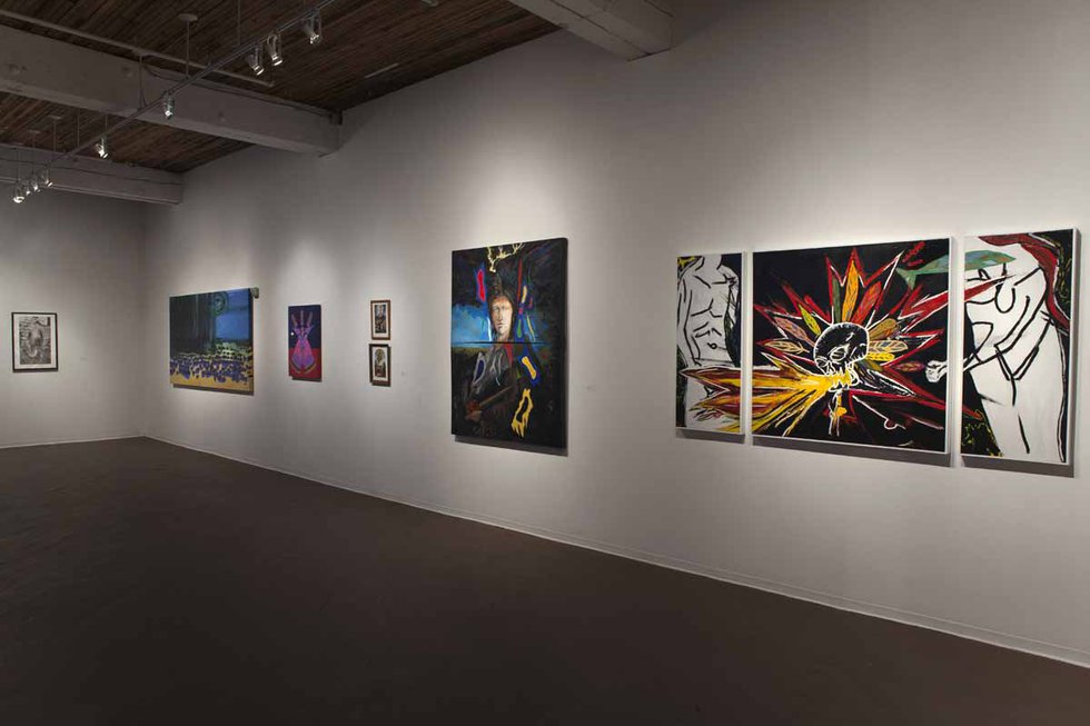 Installation view showing Roger Crait, "The Hunters," 2016, at far right