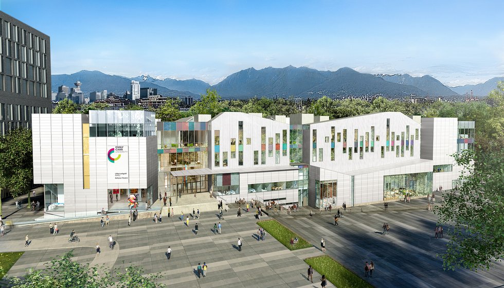 The new logo on a rendering of Emily Carr University